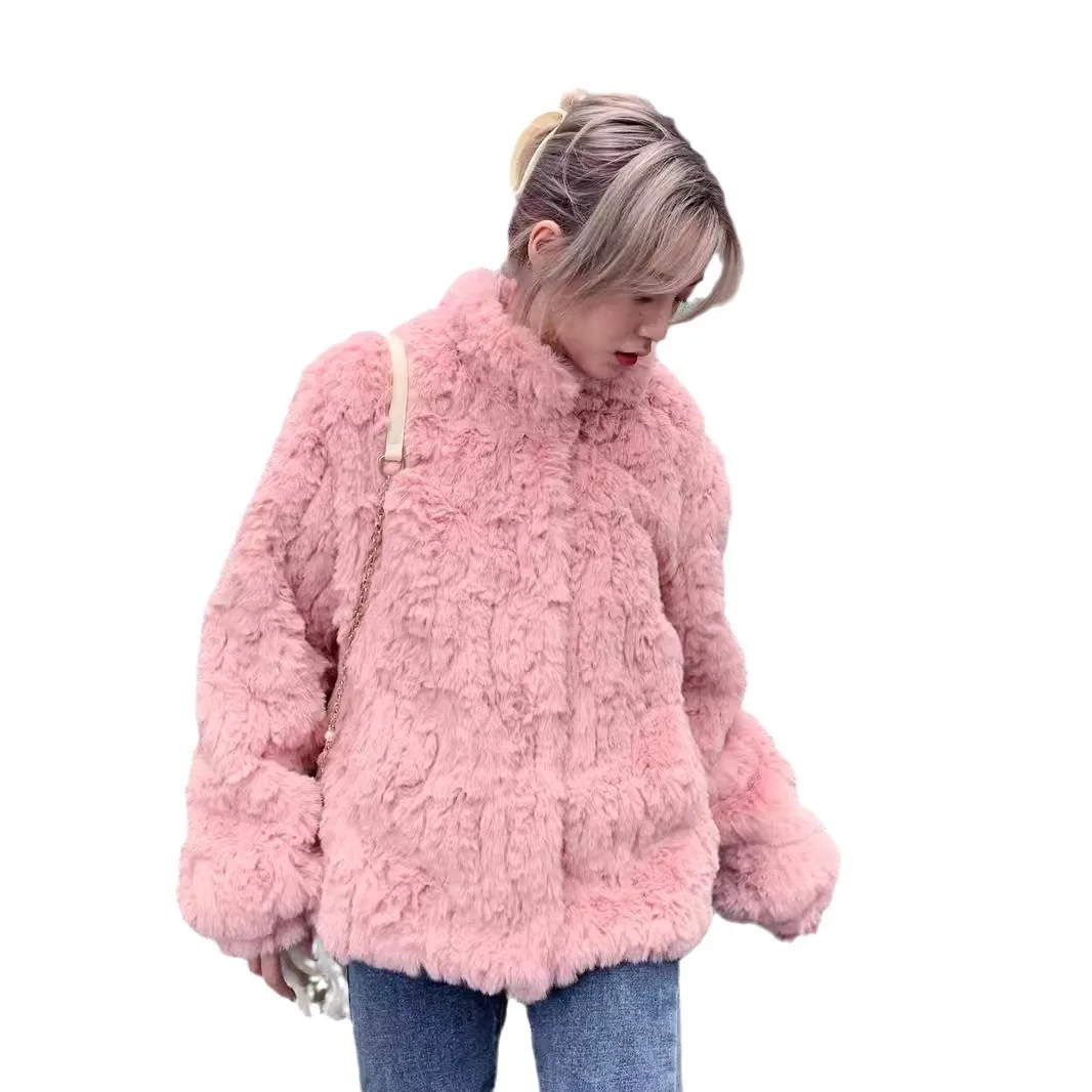 

2024 autumn and winter small stand-up collar imitation fur furry coat women's top new Rex rabbit hair embossed plush clothes