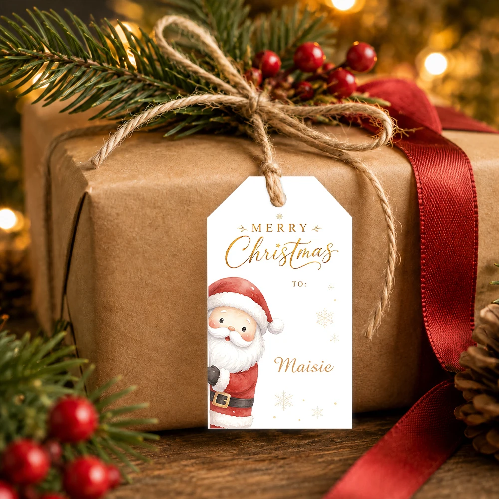 40 Pcs Custom Text Merry Christmas Gift Tags Cute Cartoon Santa Personalized Hanging Labels, with Jute Rope