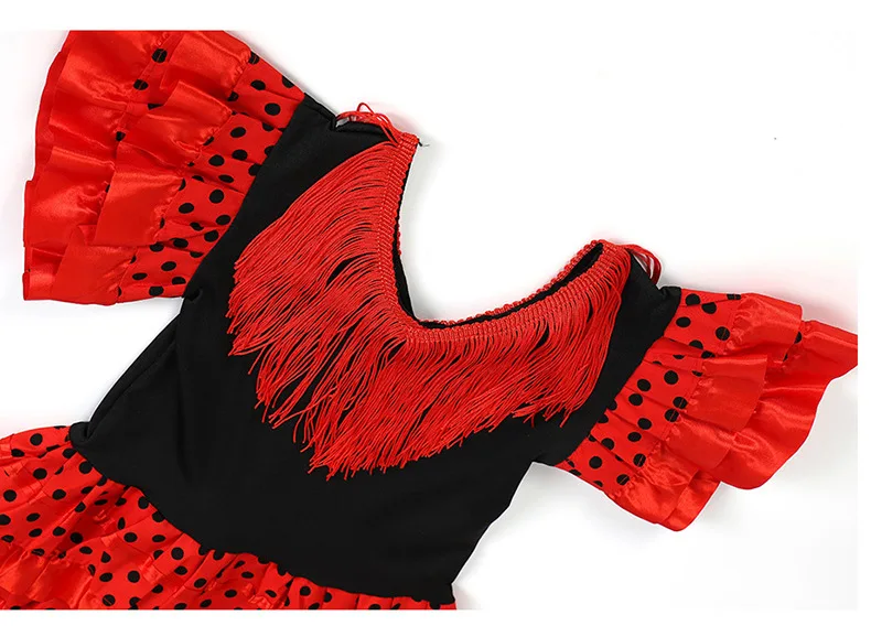 Spanisches Flamenco-Tanzkostüm für Kinder, rotes und schwarzes langes Kleid, Mädchen-Karnevals-Bühnenoutfit für Festival-Cosplay-Party – Detail 15