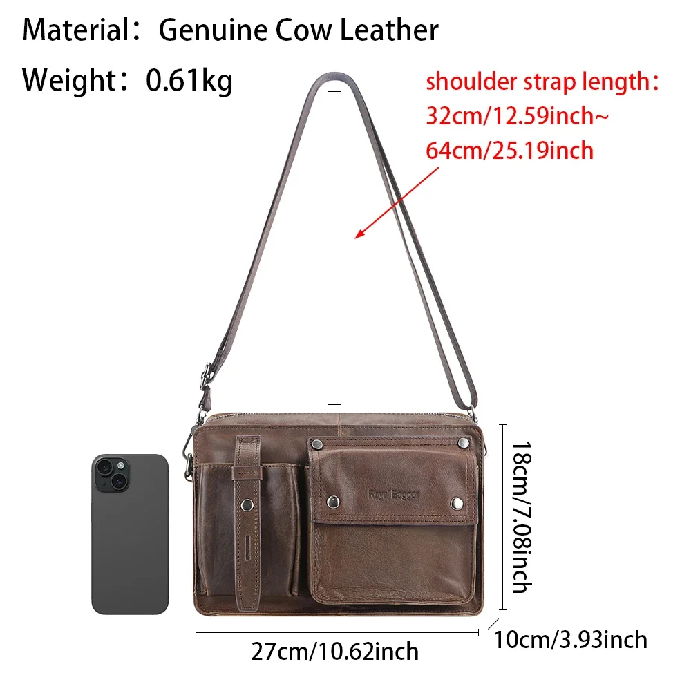 Royal Bagger Shoulder Crossbody Bags for Men Genuine Cow Leather Large Capacity Messenger Bag Vintage Commuter Handbag 1933