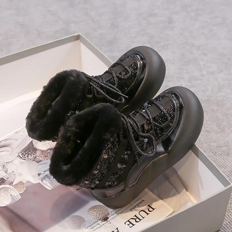Kids Girls Glitter Sequin Snow Boots, Fuzzy Fur Collar Fleece Lined Side Zipper Thick Sole Winter Princess Boots