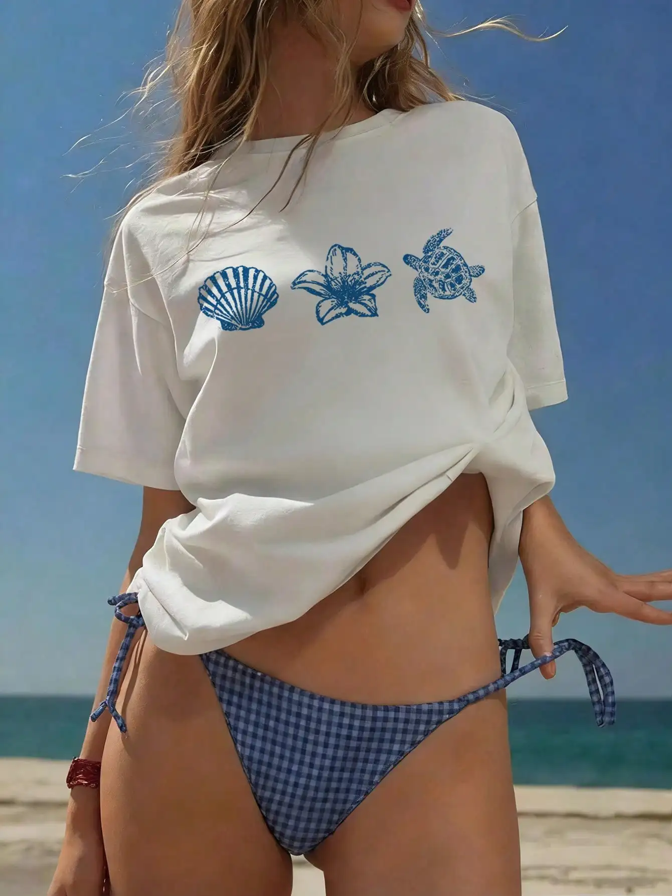 Olive Girl Forever Coastal Turtle & Oyster Club Graphic T-Shirt Summer Beach Oversized Casual Tops for Women Women Clothing
