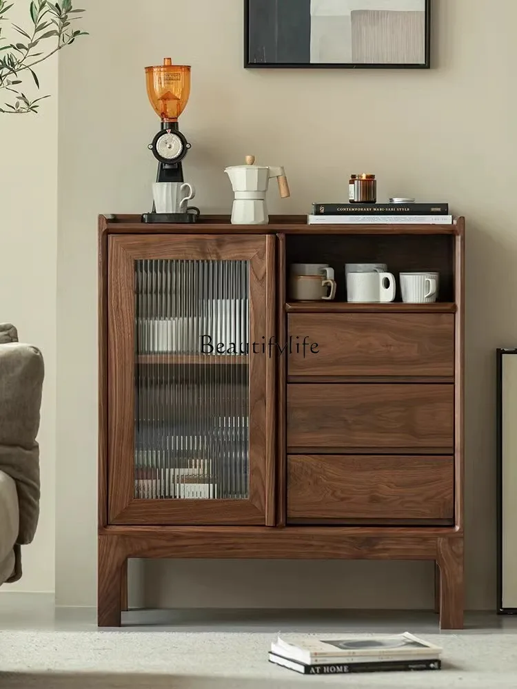 

Black walnut dining side cabinet small apartment living room solid wood locker Nordic simple cherry wood storage