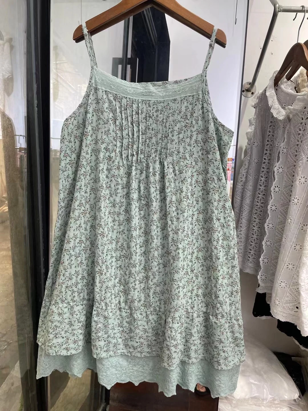 Summer Women\'s Floral Print Cotton Linen Blend Thin Strap Dress Pleated Accordion Gown Vest Style Casual Chic Lightweight Dress