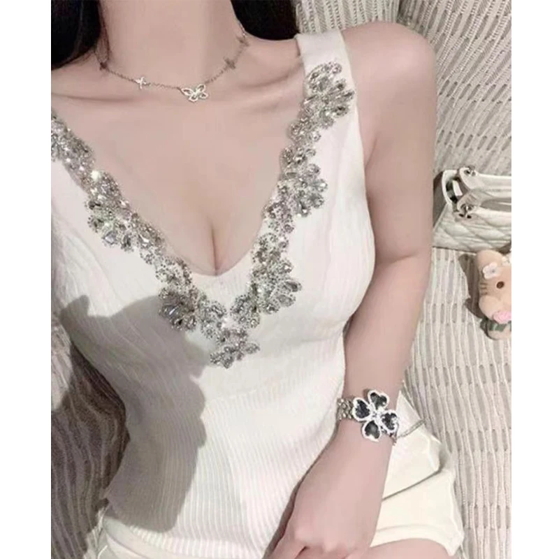 

Summer Clothes Sexy Women Korean Fashion Sweater Vest Tops V-neck Sleeveless Diamond Knitted Shirt