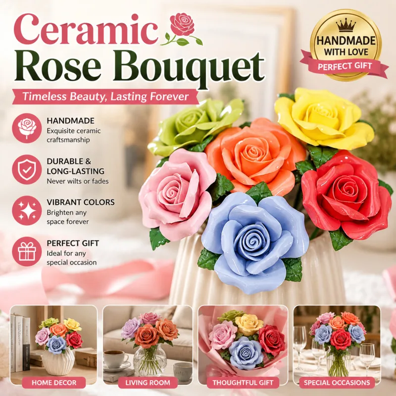 

Luxury Rose 6 PCS Ceramic Flowers Decor Artificial Porcelain Roses For Vase Arrangement Home Living Room Decoration Teacher Gift