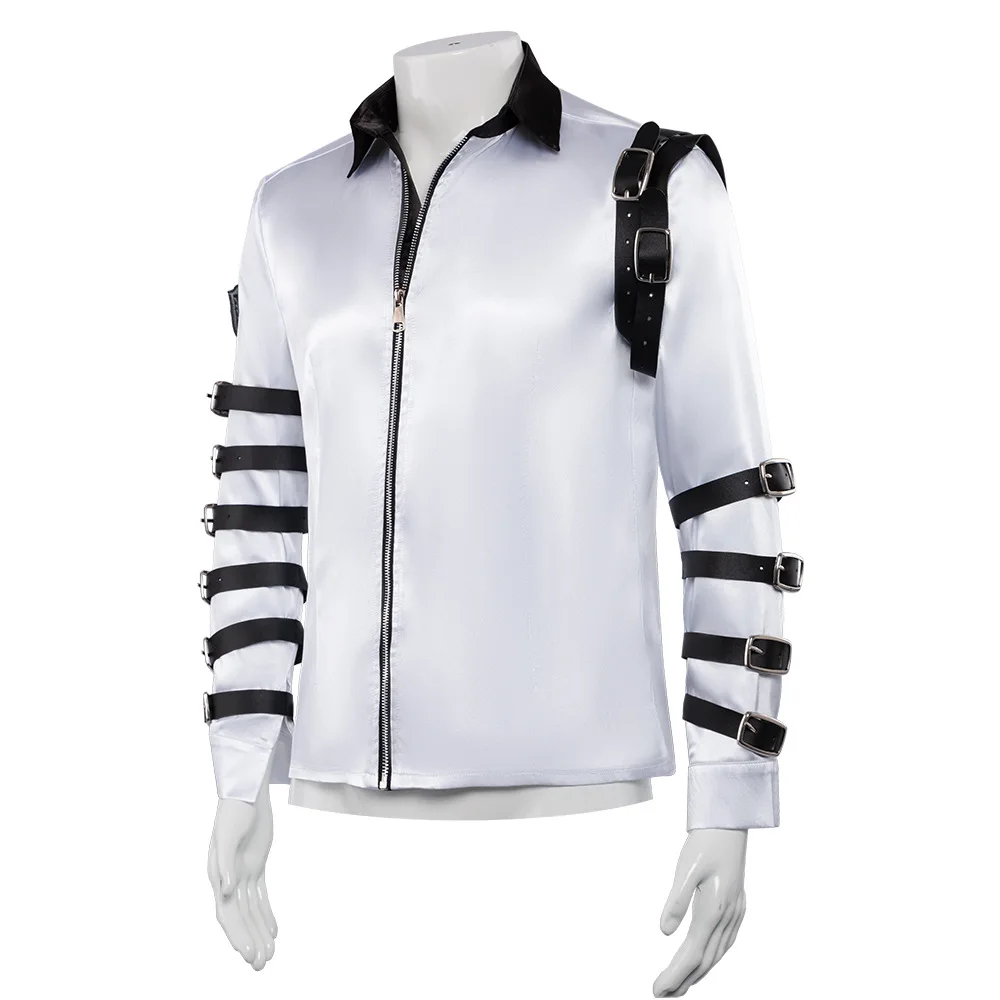 Cosplay Retro Silver Stage Performance Top Black Collar Strap Decor Zip‑Up Shirt With Badge Patch Party Dress‑Up