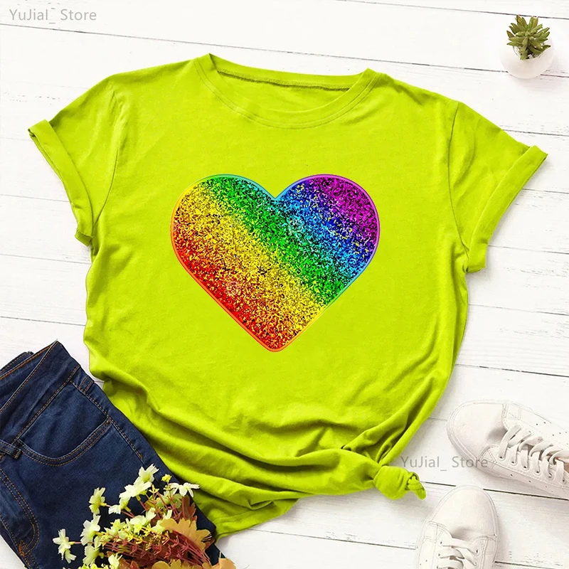 Rainbow Heart Print Lgbt T Shirt Summer Top Female T-Shirt Cute Girl Tumblr Clothes Tee Shirt Femme Streetwerar 90s 00s Tshirt