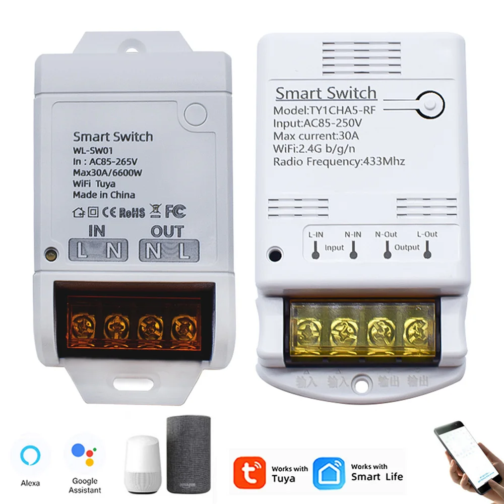 Tuya Smart Light Motor Switch Module 85-250V 30A 6600W Relay Smart Home APP Remote Control Works With Alexa Google Assistant