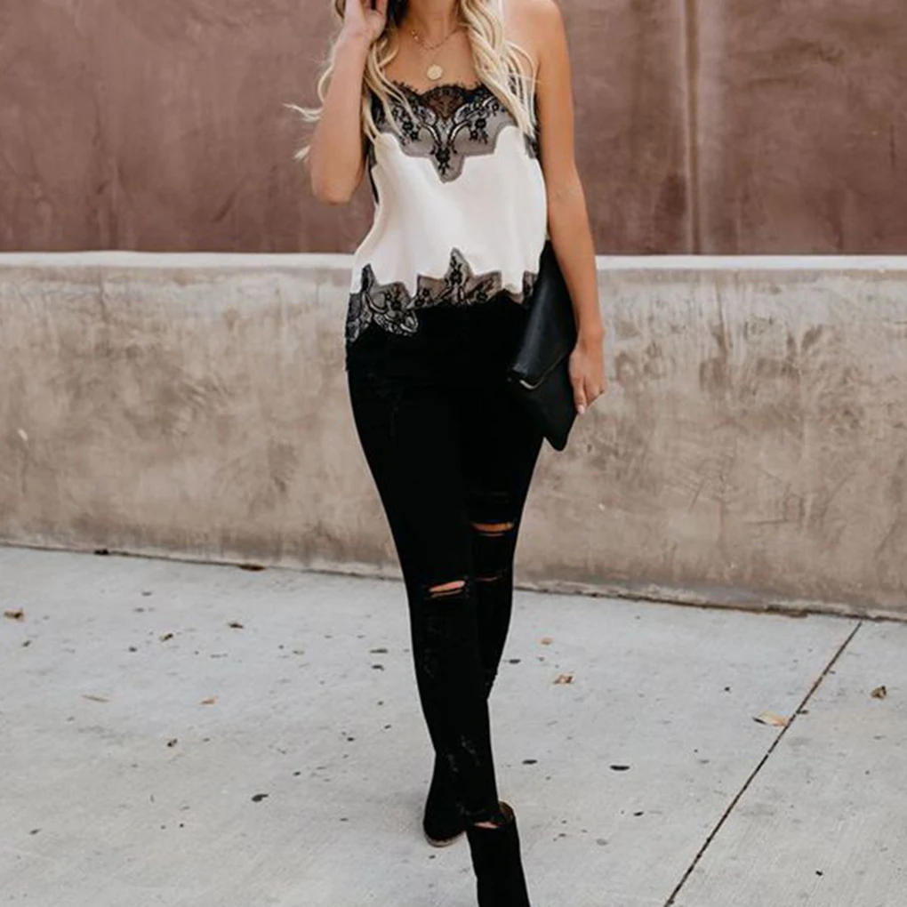 المرأة الصيف الدانتيل لصق تانك الأعلى السباغيتي حزام أكمام الصليب الأعلى #6