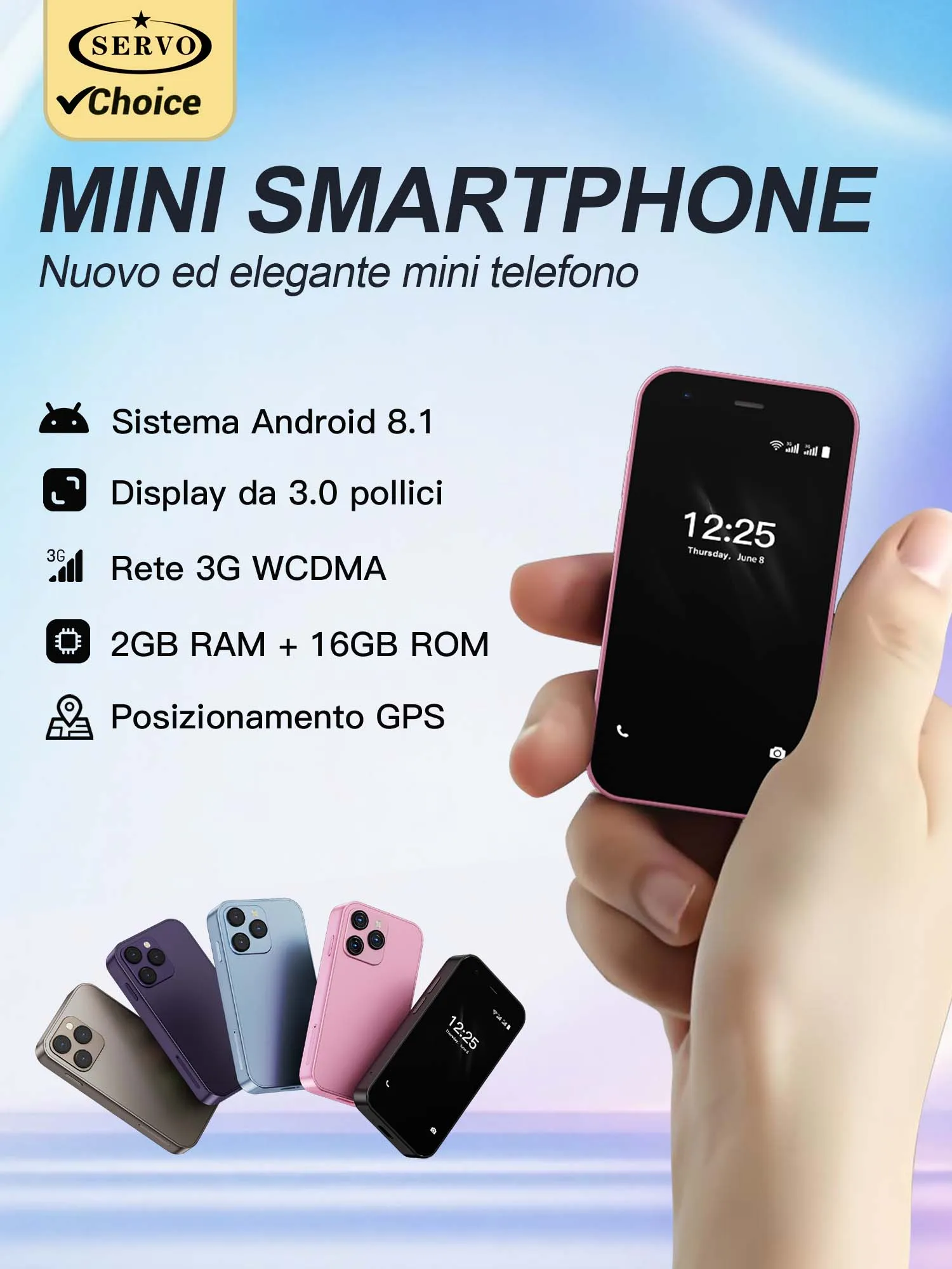 SERVO 15SE Mini-Taschensmartphone 3G WCDMA Dual-SIM Android-System 3,0-Zoll-Display 2GB+16GB WLAN-Hotspot GPS Gesichtserkennung Bluetooth Play Store Typ-C Kamera Taschenlampe Kleines Palm-Handy