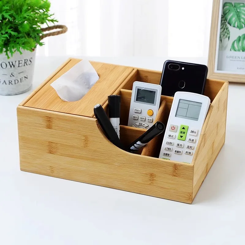 Bamboo Multifunctional Tissue Storage Box Living Room Creative Office Desktop Organization Remote Control Storage Rack