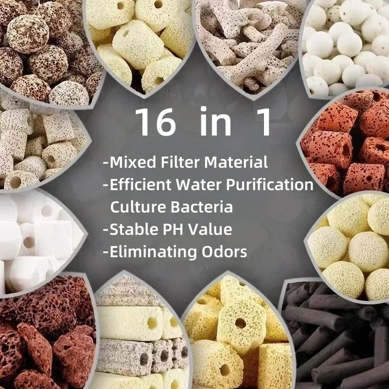 16 أنواع من الكرات الحيوية لحوض السمك، وسائط مرشح الكرة البيوكيميائية لملحقات مرشح حوض السمك لخزان الأسماك رائجة البيع 250 جرام 500 جرام 1000 جرام
