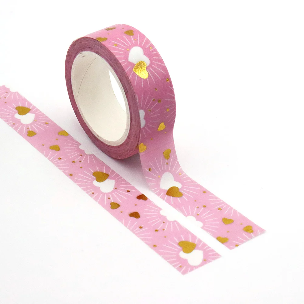 NEW 1PC 15mm*10m Gold Foil Pink Golden Heart Love Decorative Washi Tape Stationery Colourful Tape Office Supplies