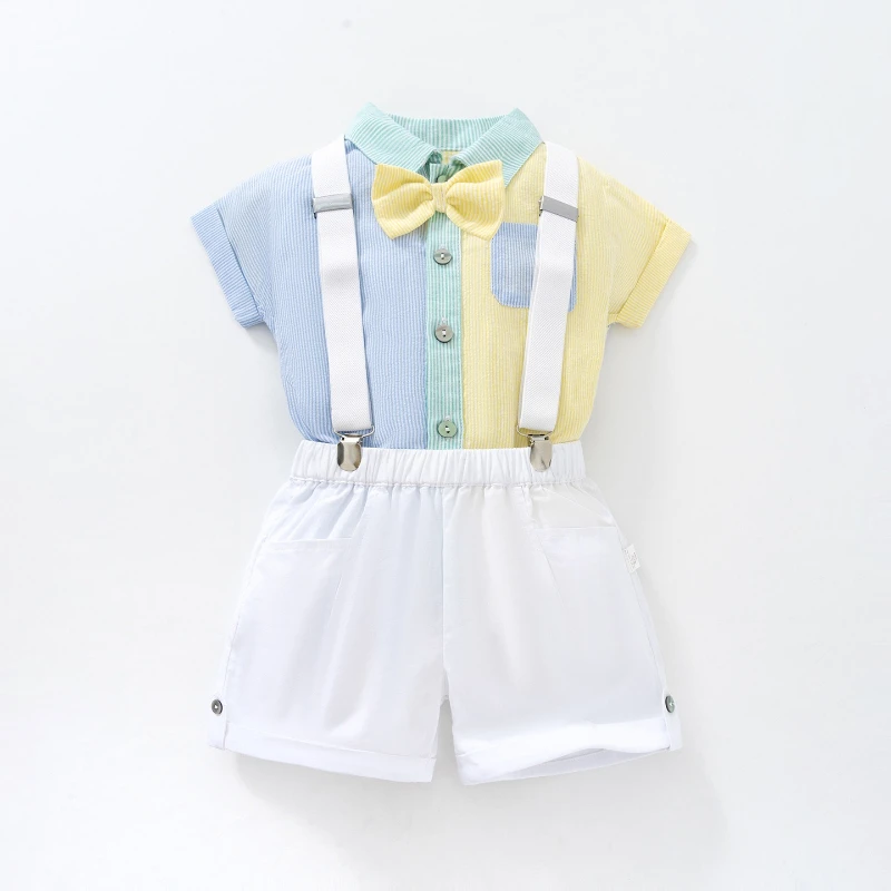 

2026 Summer Color blocked Macaron Hot Selling Short Sleeve Collar Top and Strap Shorts Two Piece Set
