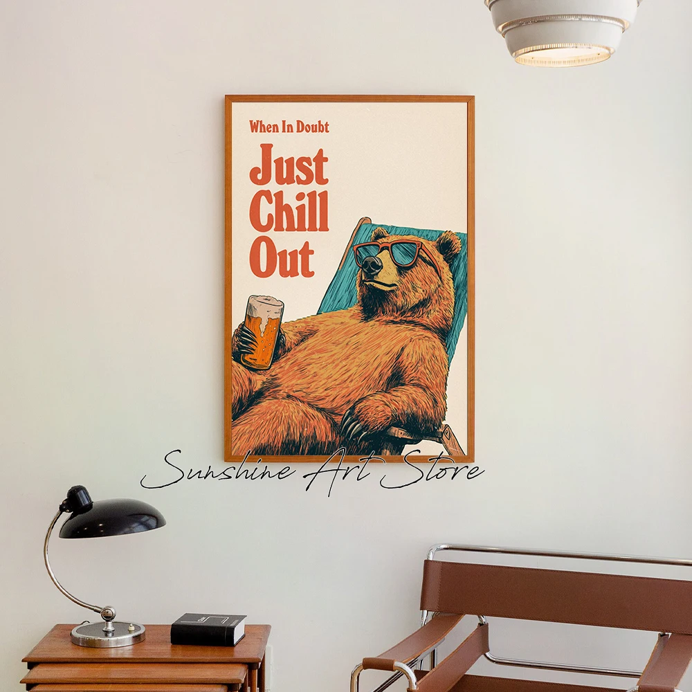 Retro Bear Drinking Beer Funny Chill Out Cool Animal Cabin Beer Lover Pub Sign Poster Canvas Painting Wall Pictures Home Decor