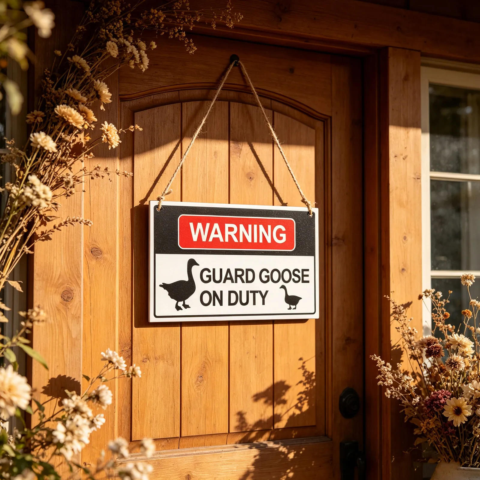 Natural Wood Goose Warning Sign Guard on Duty Porch Hanging Door Lawn Garden Fence Outdoor Decor Guard Goose on Duty Sign