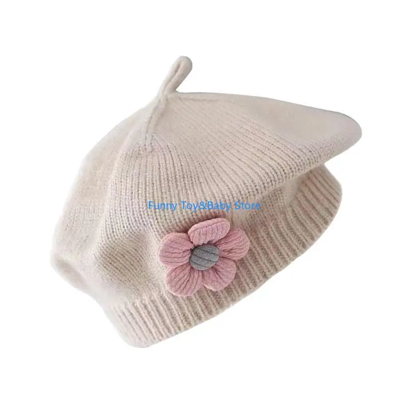 

Floral Decor Baby Hat Stylish Knit Caps for Infant Girl Artist Hats Solid Color Princess Toddlers Painter Cap C90B