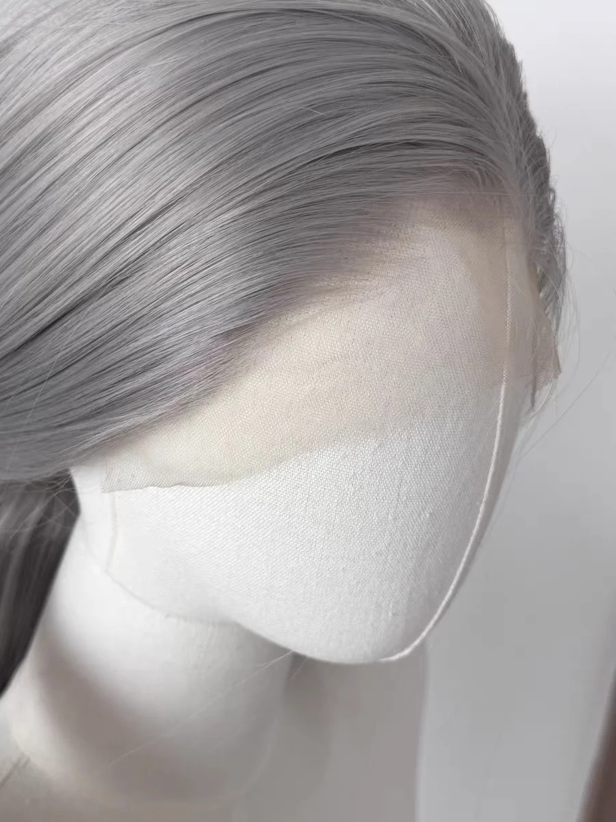 BeiBei 13X4 الدانتيل شعر مستعار أمامي طويل مستقيم رمادي الاصطناعية الدانتيل الباروكات للنساء السود مع ارتفاع درجة الحرارة الألياف 26 بوصة رمادي الباروكات #4