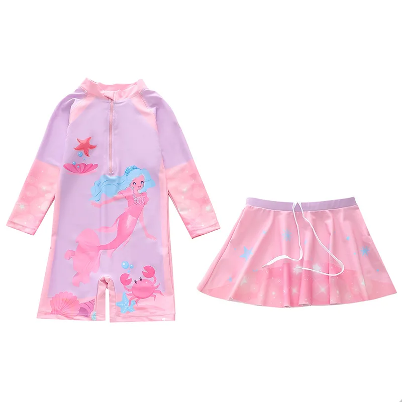 

HappyFlute Two Piece Set Mermaid Prints Long Sleeve With Dress Medium Children Travel Sun Protection Girls Swimming Set