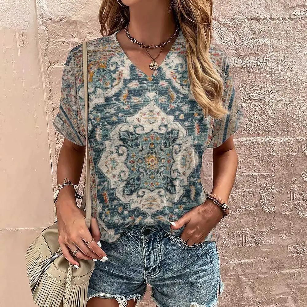 Vintage Bohemian Geometric Print T-shirts For Women\'s Plus Size Female Shirt Crop Top Summer Women Clothing Fashion Oversized