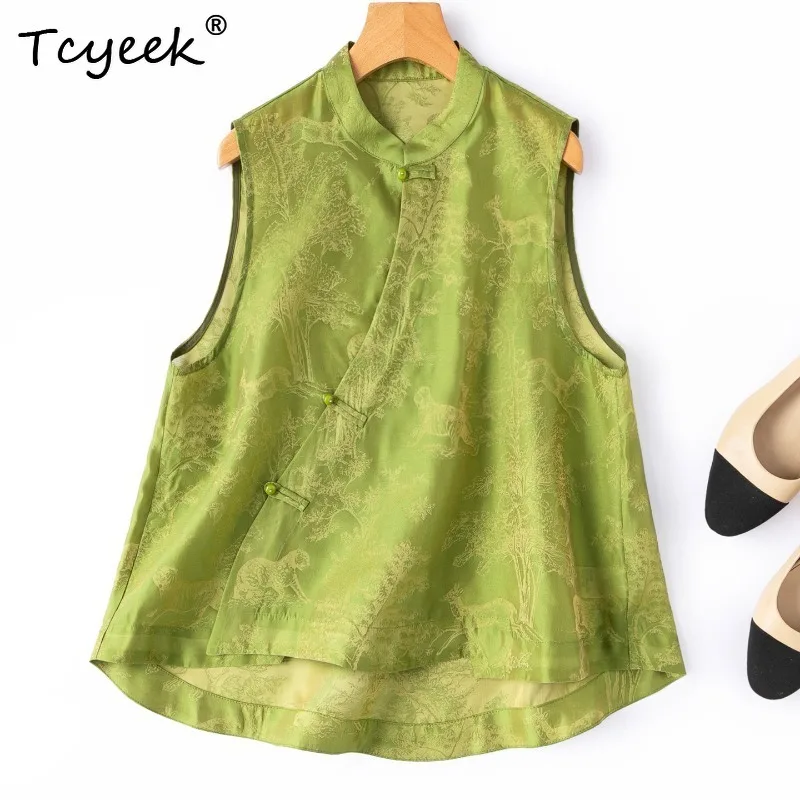 Tcyeek 100% Real Mulberry Silk Woman Tops 2026 Summer Chinese-style Exquisite Loose Layered Tank Top Woman Clothing Ropa Mujer