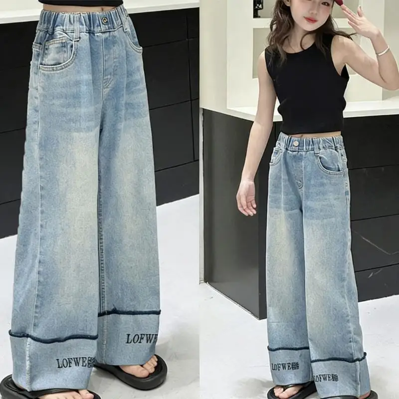 Girls Stretch Cloth Jeans Comfortable Elastic Waist Cassical Blue Casual Pants Adjustable Waist Jeans for Play & School A2UB