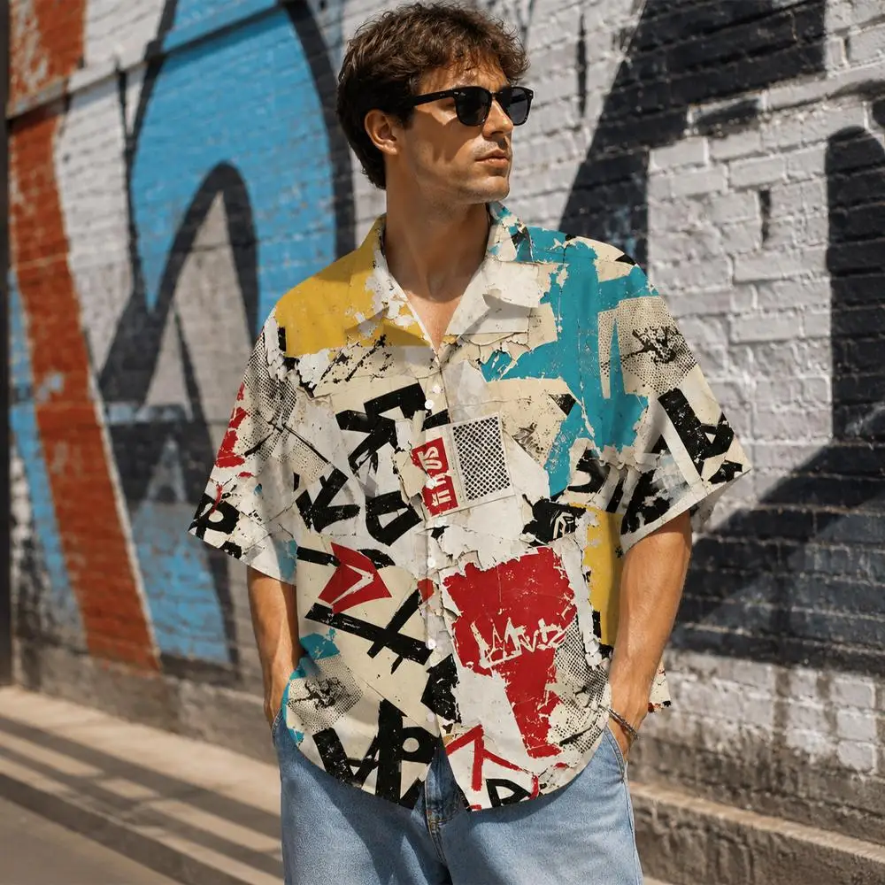Men's Vintage Collage Print Cotton Hawaiian Shirt Loose Fit Short Sleeve Streetwear Shirt Retro Graffiti Casual Daily Summer Top
