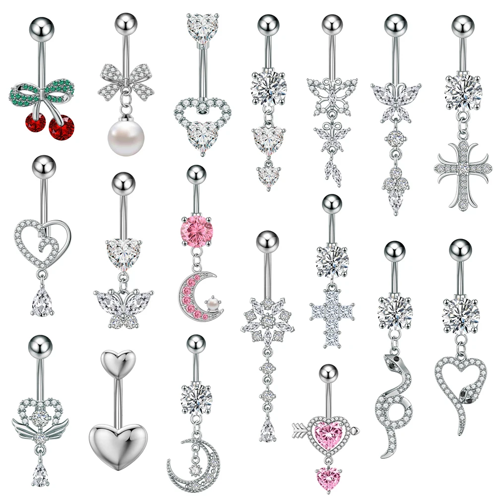 Mixed-Style Belly Button Rings Jewelry 14G Red Cherry Buttefly-Knot Snake Heart-Shaped Belly Navel Piercing Nombril for Women