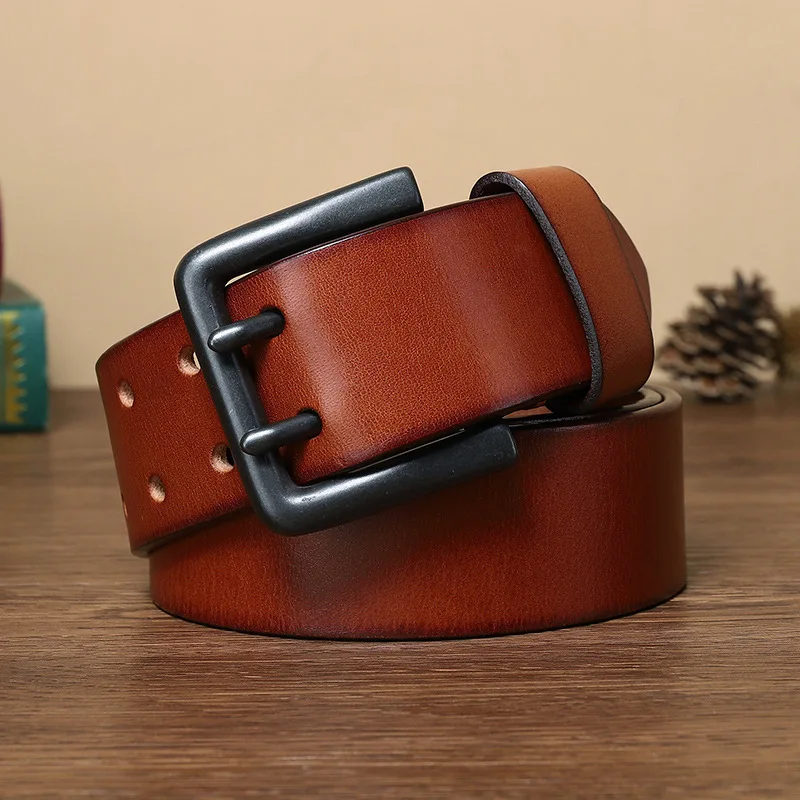 4.3CM widened double needle buckle belt men's genuine leather top layer cowhide retro youth versatile casual belt