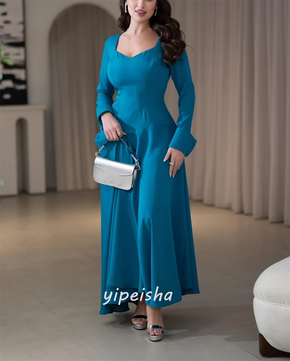 Maßgeschneiderter, moderner Stil, klassischer Jersey, gerüschter Knopf, A-Linie, quadratischer Ausschnitt, lange Kleider, Abendkleider, hochwertige, passende Retro-Kleider