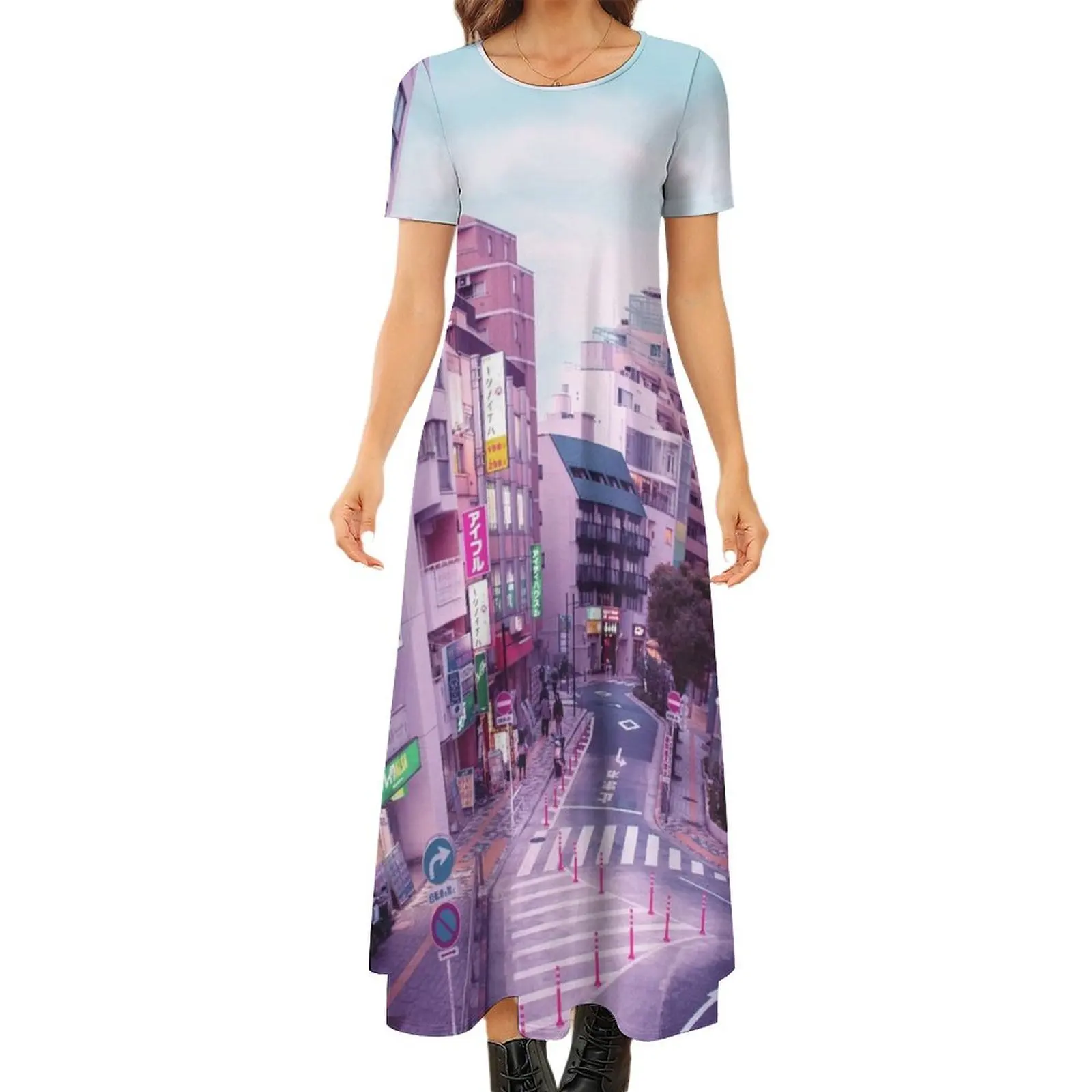 

Pink City Pop Aesthetic Tokyo Japan Poster Vaporwave lofi moody vibe Round Neck Short Sleeve Dress wedding dresses for woman