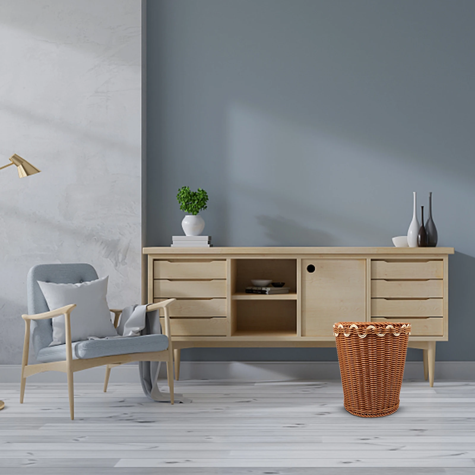 

Simulated Rattan Woven Storage Basket Household Trash Can Multifunctional Home Office Laundry Sundries Organizer