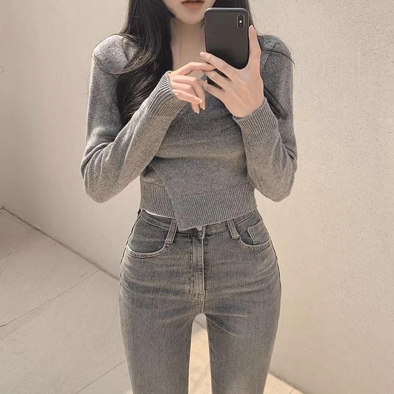 Frühling Herbst V-Ausschnitt, einzelne Schnalle, schlank, einfach, vielseitig, sanfter Stil, kurze Strickjacke, Grau, Einheitsgröße