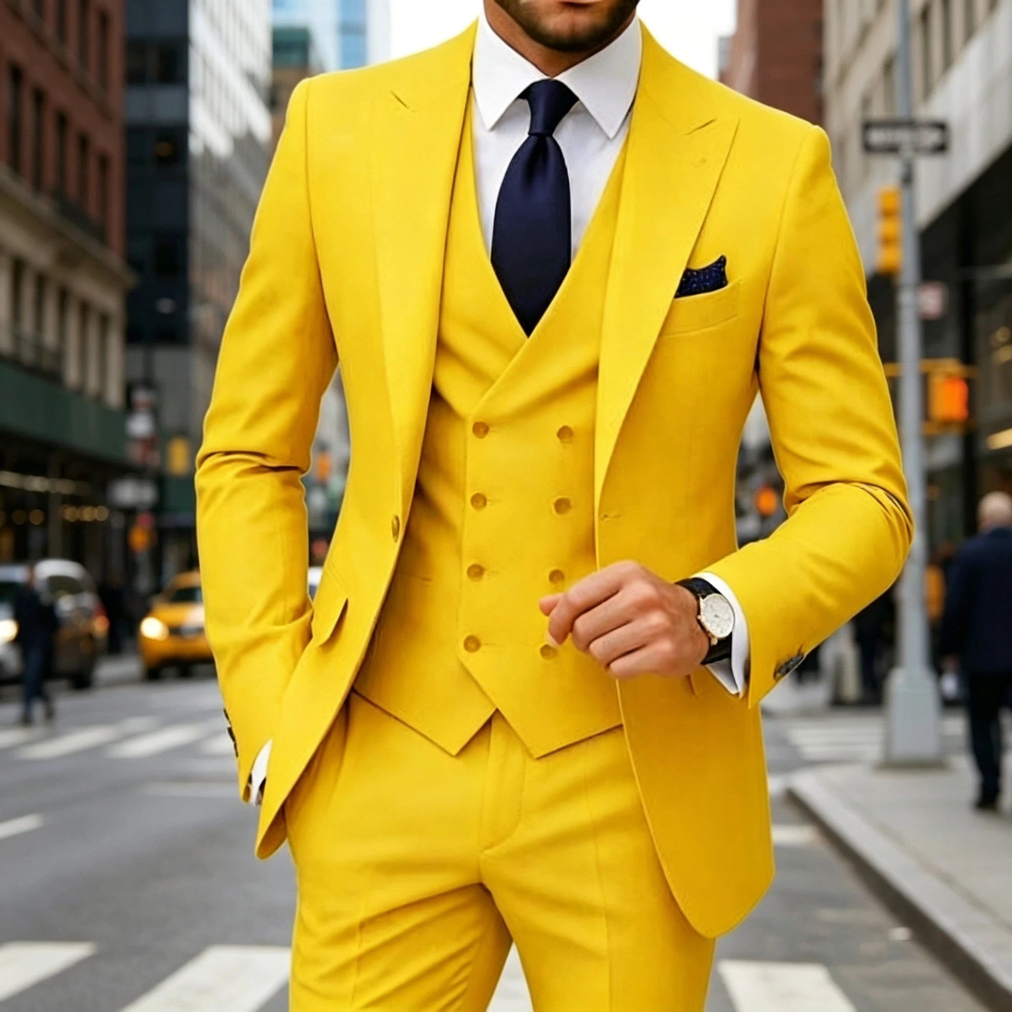 Yellow Men's Suits 3 PCS Peaked Lapel One Single Button Italian Wedding Man Suit Groom Tuxedo Prom Slim Fit Blazer Vest Pants view 2