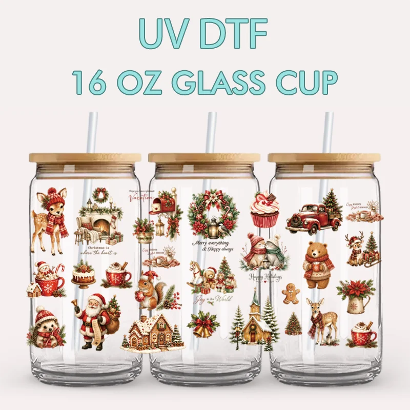 Soft Neutral Vintage Xmas UV DTF Stickers 16oz Tumbler Rub On Santa Reindeer Cabin Winter Holiday Transfer Wraps