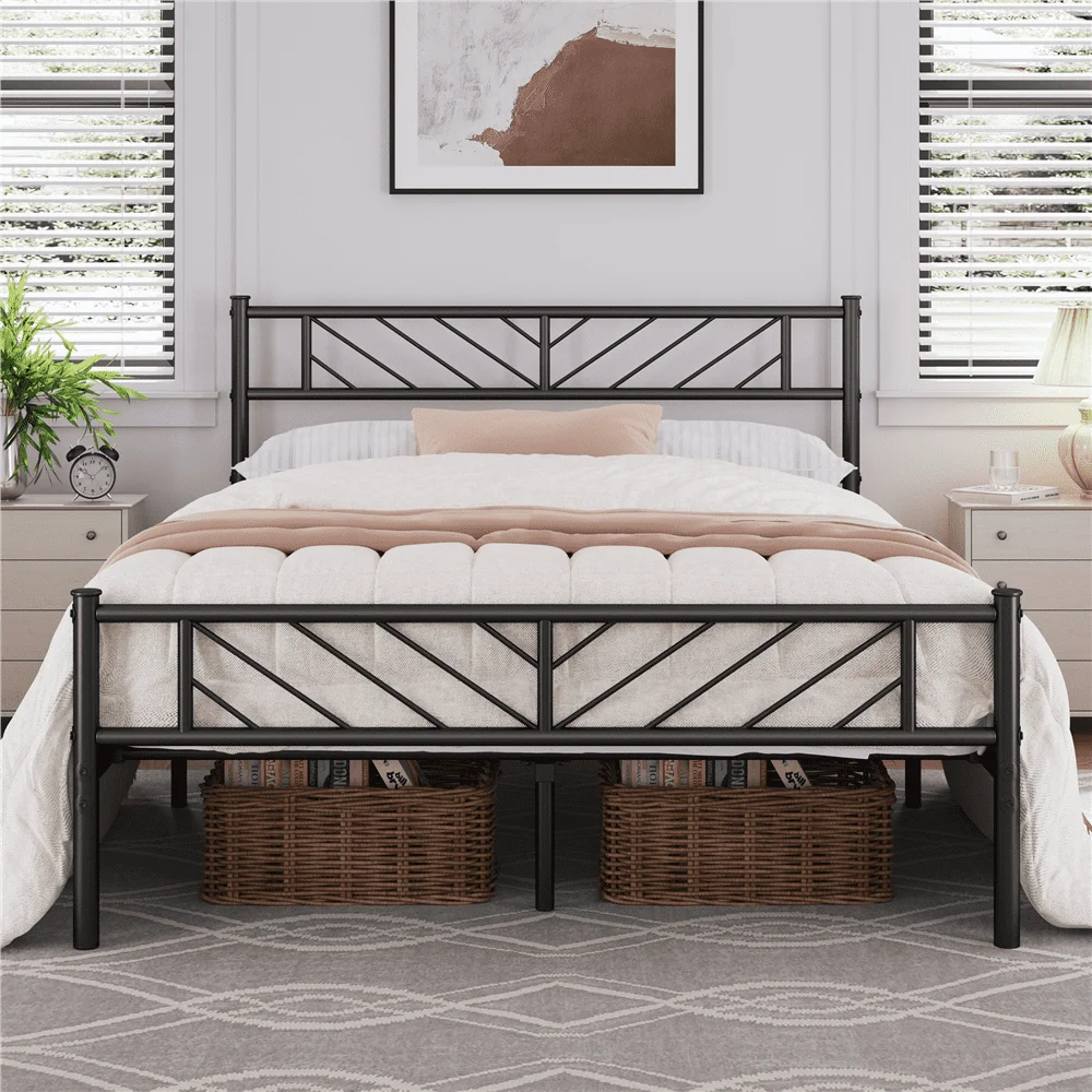 Metal Platform Bed with Arrow Design, Queen Size, Black  bed frame queen  bedroom furniture