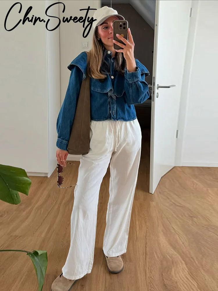 Modna, marszczona koszula dżinsowa damska z klapką i kołnierzykiem metalowy pojedynczy piersi z długim rękawem top na co dzień 2025 letni strój biurowy damski