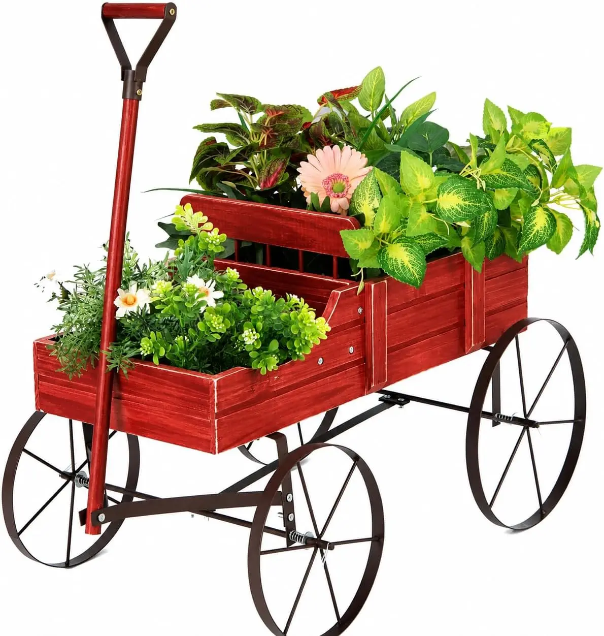 

Wood Wagon Planter, Outdoor Garden Flower Planter Cart with Wheels, Small Decorative Wood Raised Bed Plant Pot Box Stand for Bac