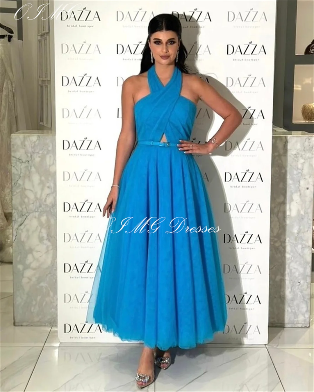 

OIMG Saudi Halter Blue A-Line Prom Dresses Sleeveless Tulle Backless Vintage Simple Evening Gowns Formal Party Dress