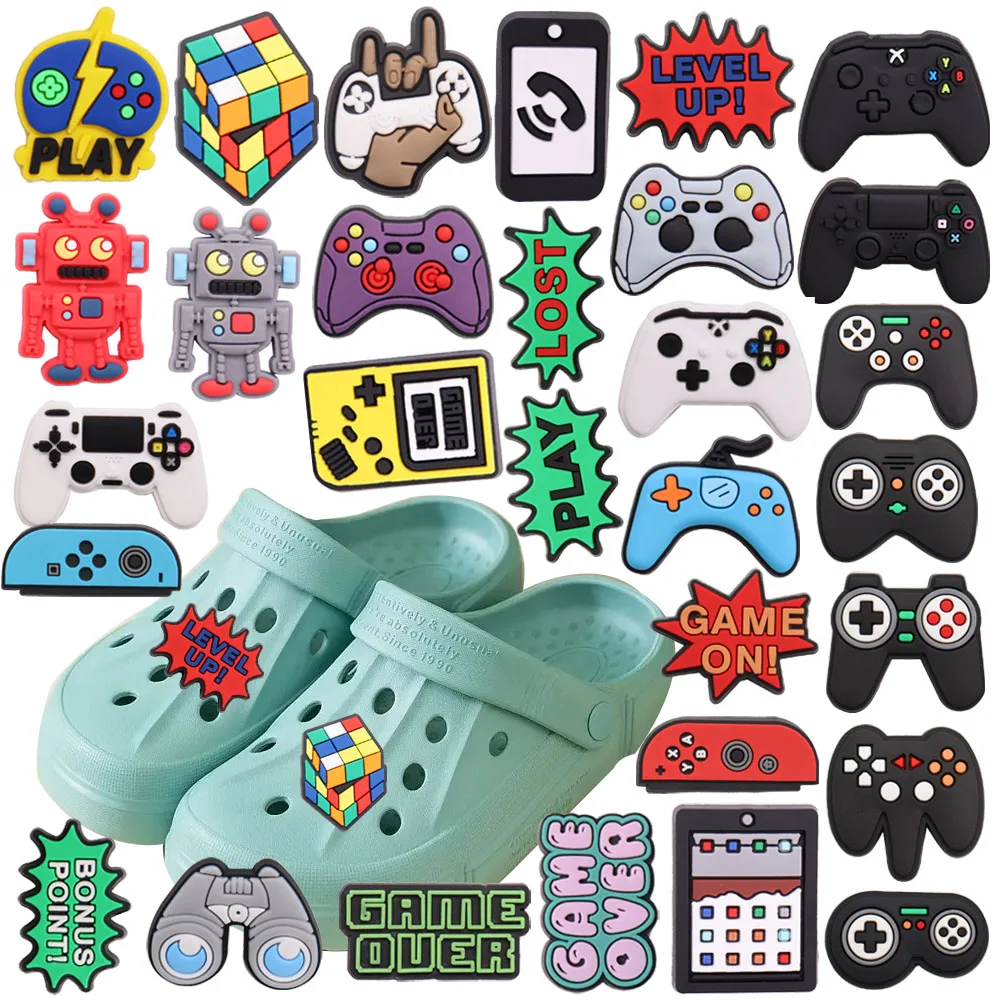 Mix 50PCS PVC Shoe Charms Gamepad Robot Mobile Game Console Lost Level Up Bonus Point Play Garden Shoes Button Decorations