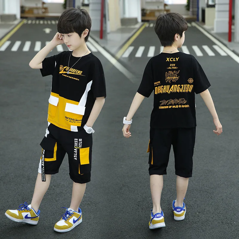 Boy Summer Clothing Sets 2023 New Fashion O-Neck Patchwork Multiple Pockets Casua 2 Pieces Teenager Clothes Outfits 120-170