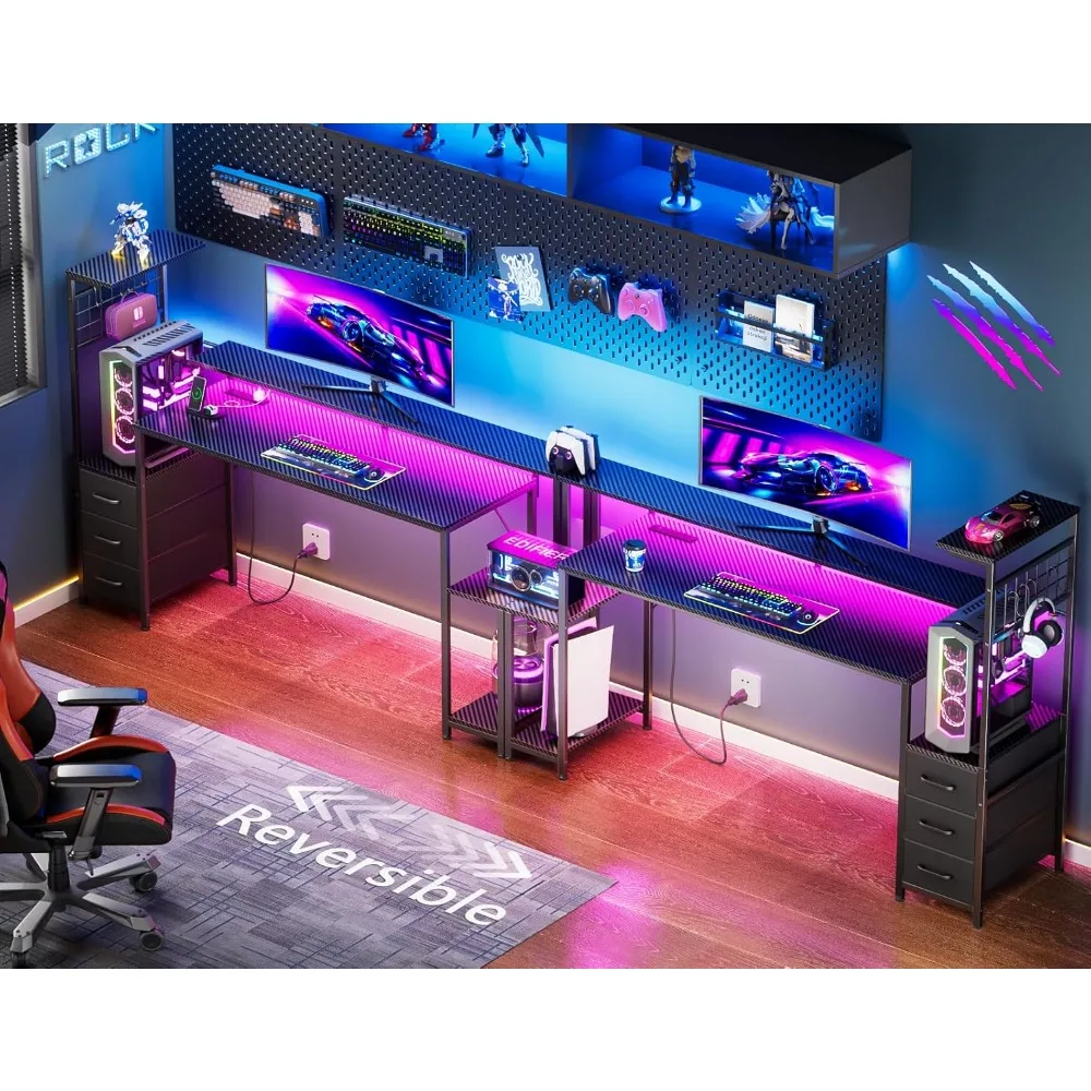 

63 Inch Gaming Desk with Bluetooth LED Lights & Power Outlets,Computer Desk with Fabric Drawers & Hooks, Customized