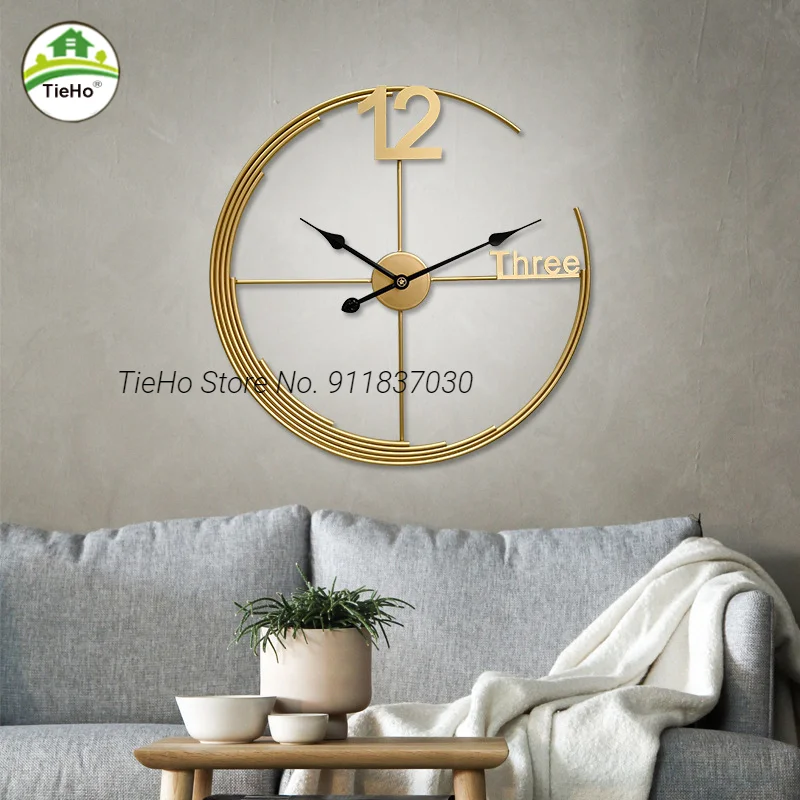 Modern Style Golden Hanging Wall Clocks, Living Room Decor, Simple Round Needle Wall Clock, Metal Large Wall Decoration, TieHo