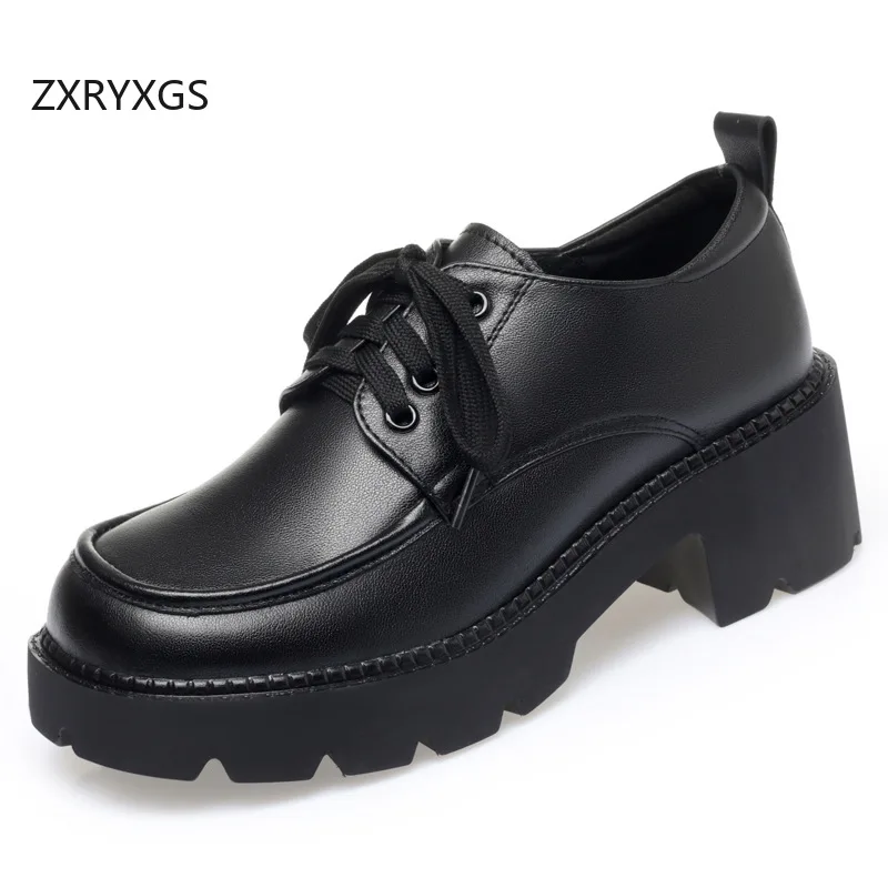 

ZXRYXGS Top Cowhide Lace-up Women Leather Shoes Woman Thick Sole Non-slip High Heels 2024 New Elegant Fashion Shoes Large Size