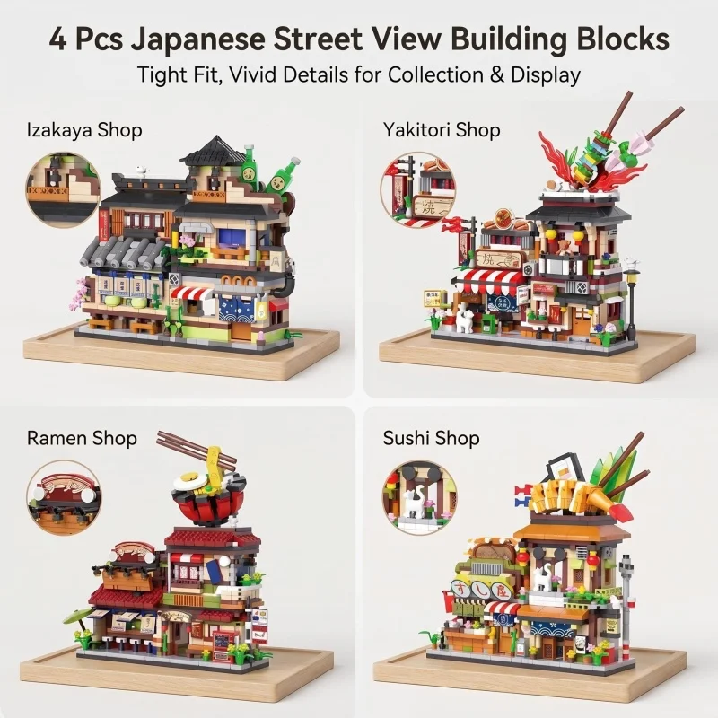 

4-in-1 Street Food Shop Building Blocks Set, Mini City Storefront Model Kit, DIY Assembly Bricks, Creative Home Decor Toy for Ho