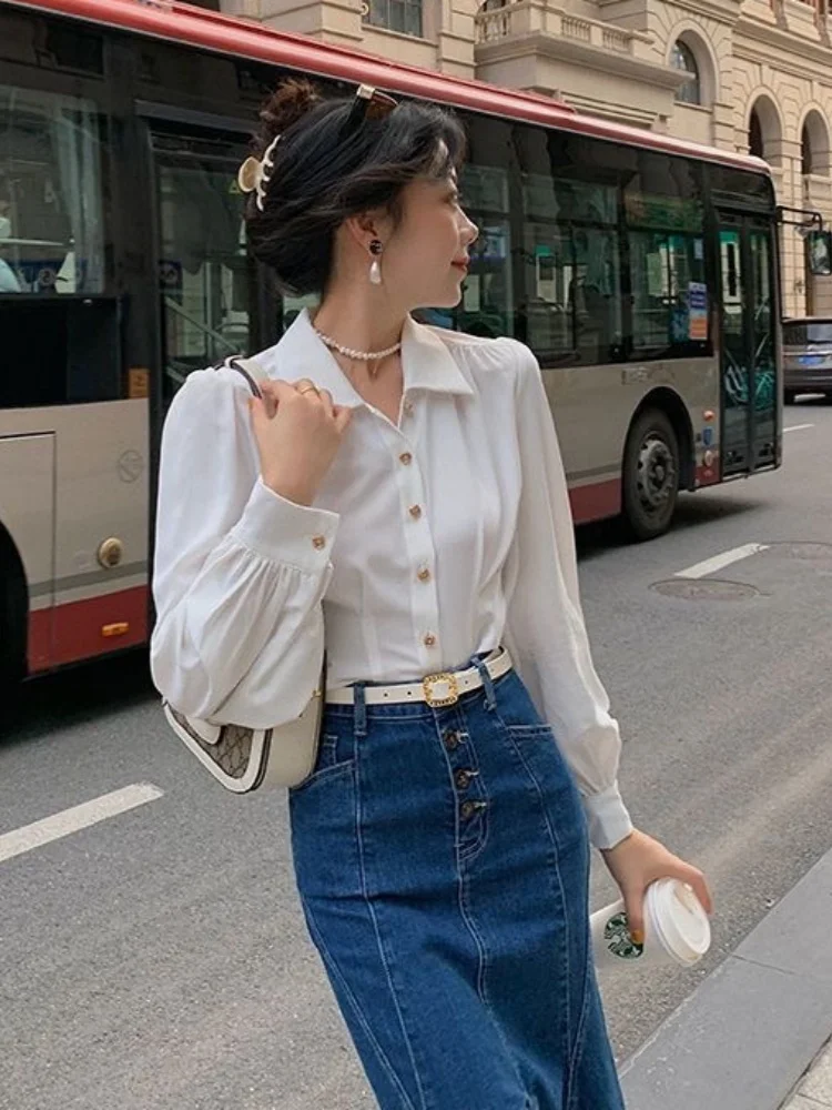 Shirts Women Vintage Red Ladies New Crop Lantern Sleeve Classic Casual Solid Simple All-match Fashion Autumn New Female Blouses