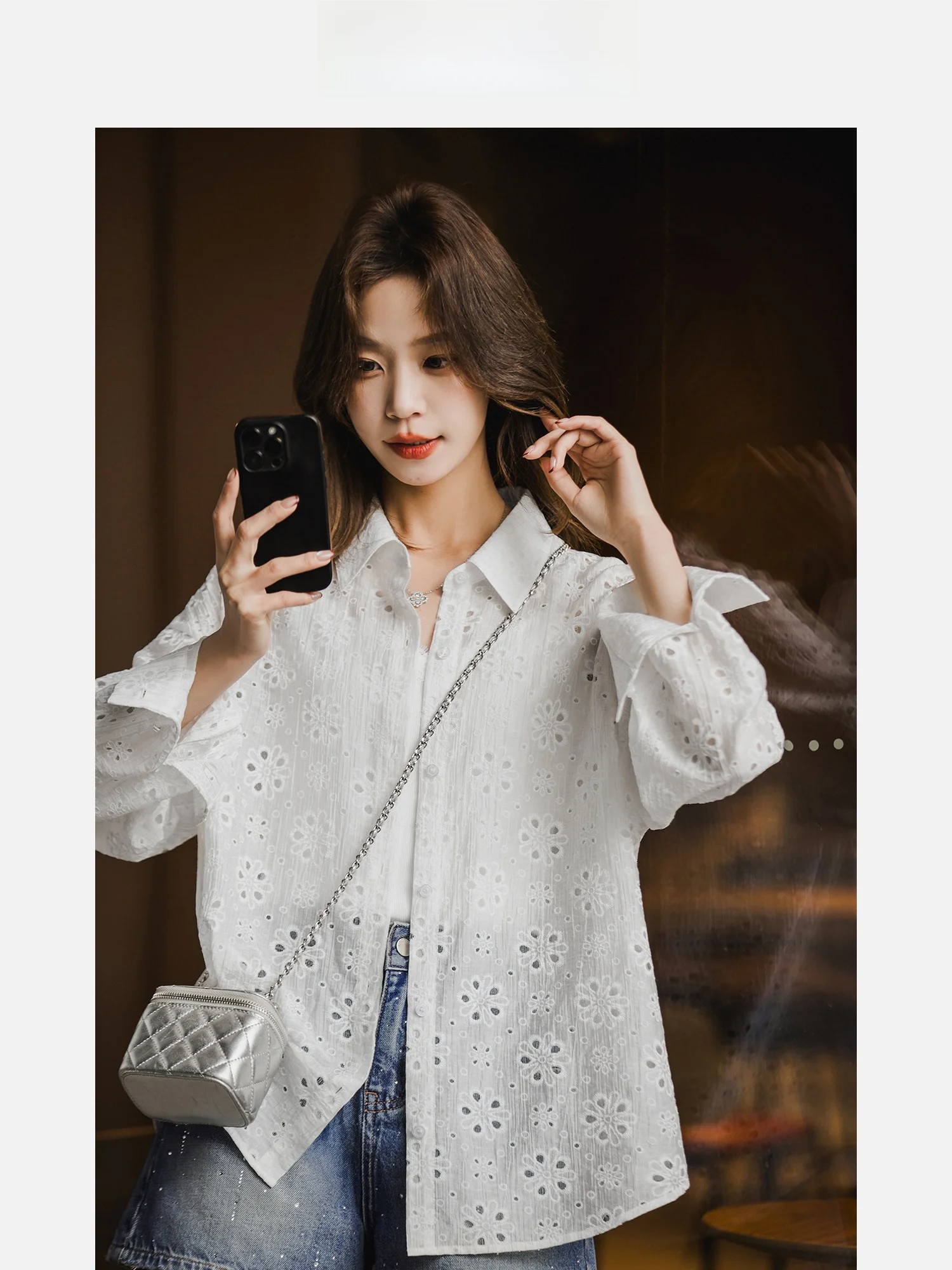 

Muse Shirt Hollow out Design Women's White Shirt Spring 2026 New Style Casual Breathable Long Sleeve Flounce Collar Top