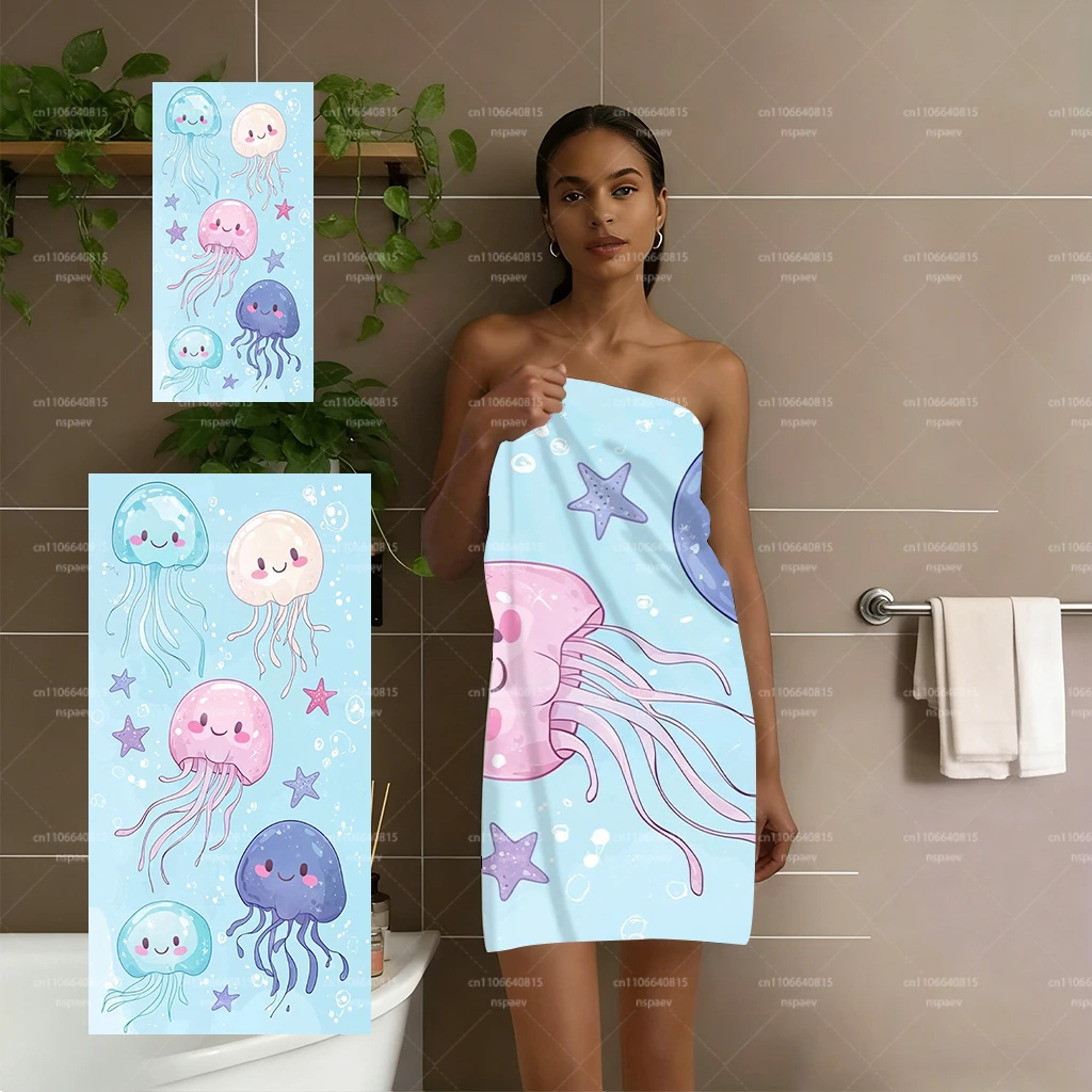 Cute Jellyfish Print Beach Towel, Kawaii Marine Animal Bath Towel, Super Absorbent Microfiber Towel for Kids & Adults, Swimming