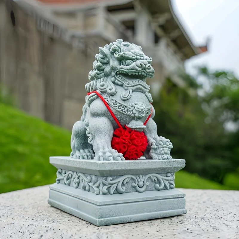4pcs Chinese Fu Lion Statues with Removable Ball, Hand-Carved Stone Art Sculpture for Home Office Desk Decor, Bookshelf Disp
